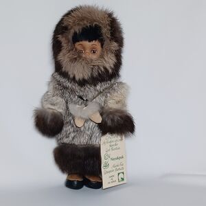 Alaskan Eskimo Camal Doll with Blinking Eyes and Real Fur Trim Leather Necklace